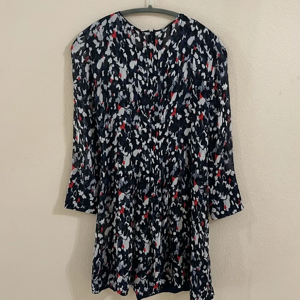 Club Monaco Women 8 Paint Splatter Navy‎ Mini Sheer Zipper Pleated 💯 Silk Dress